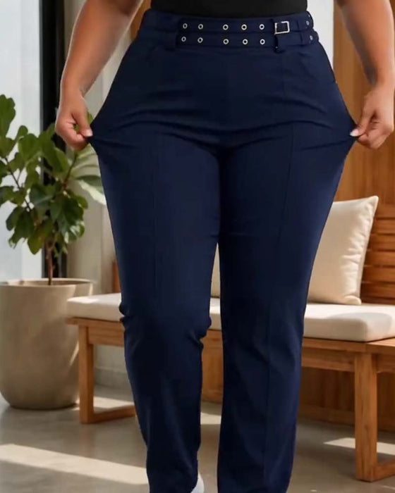 Pantalon Élégant Taille Haute Slim Fit Long