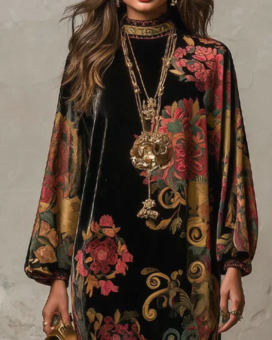 Robe Mock-Neck Floral Velvet Manches Longues Maxi