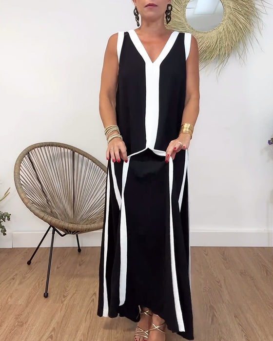 Robe sans manches à col en V à imprimé contrasté à la mode