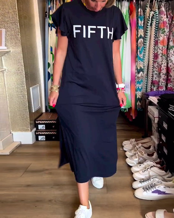 Robe décontractée fendue à manches volantées et imprimé lettre