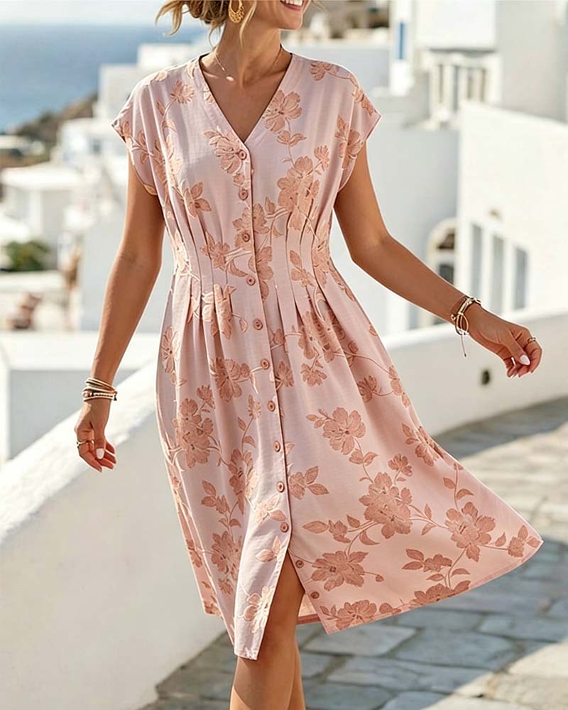 Robe Col En V Imprimé Taille Cintrée Boutonnage Devant