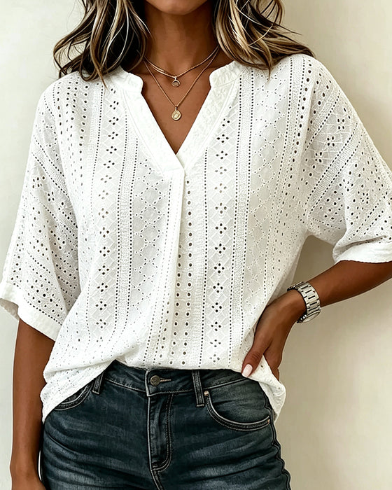 Chemise Col V Découpé Uni Demi-Manche
