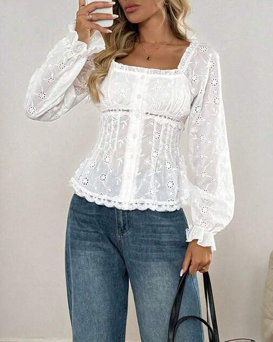 Blouse Col Carré Dentelle Garniture Découpé Manche Ballon