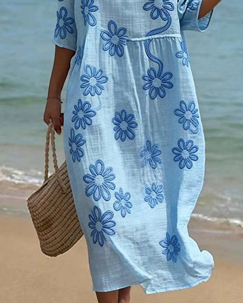 Robe Col Rond Manches Trois Quarts