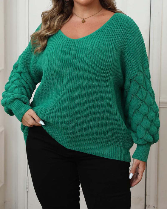 Pullover Manches Ballon Col En V Tricoté