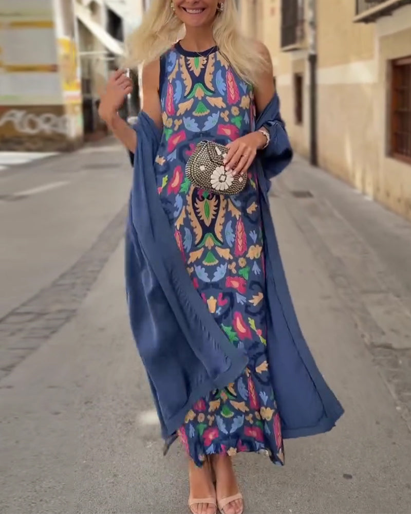 Ensemble Robe Longue Sans Manches Avec Long Cardigan
