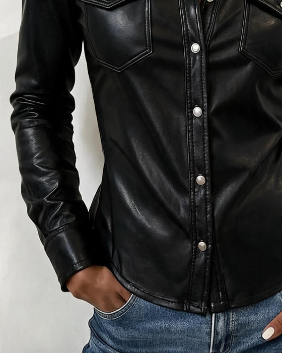 Blouse Revers Bouton Devant Poche Manches Longues