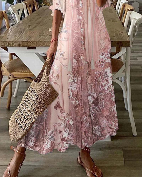 Robe Col En V Fleurie Volant Jupe Ample
