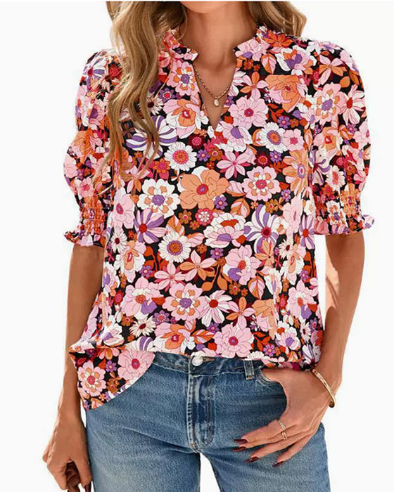 Chemisier Floral Manche Bouffante Courte