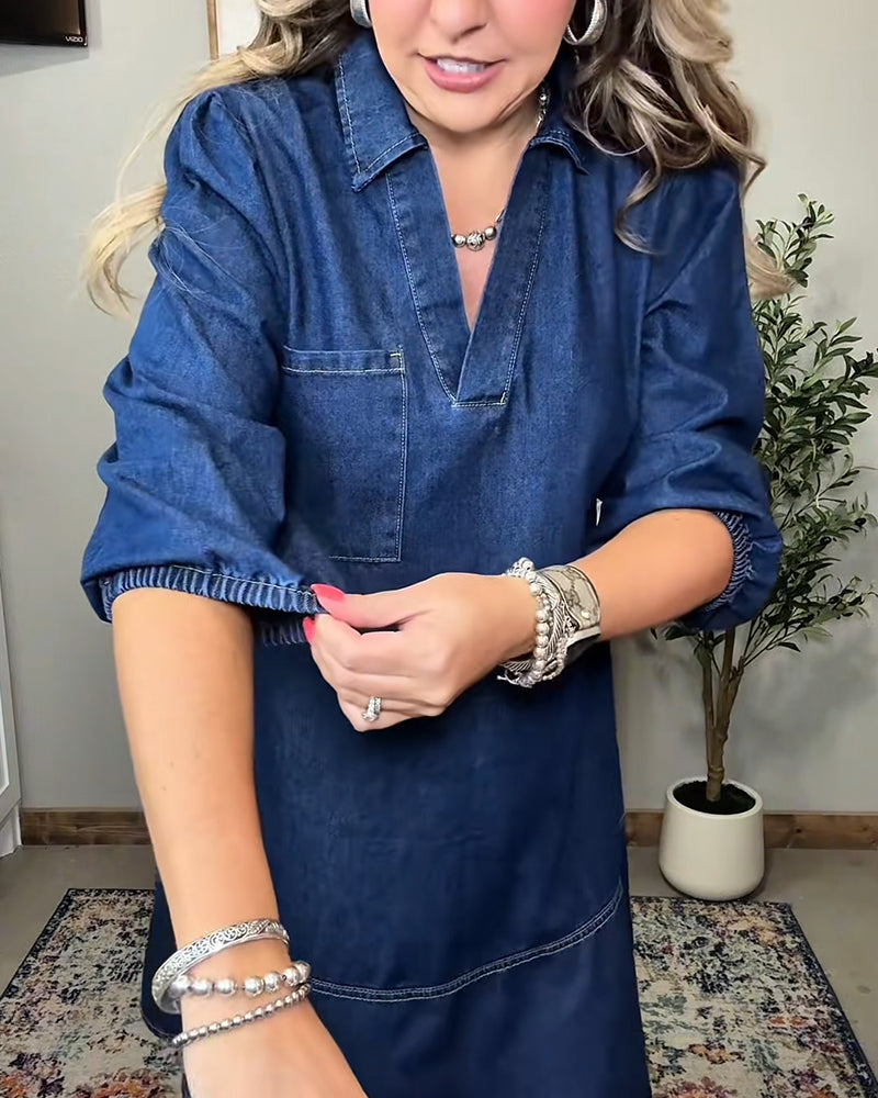 Robe En Jean À Col Et Manches Lanterne