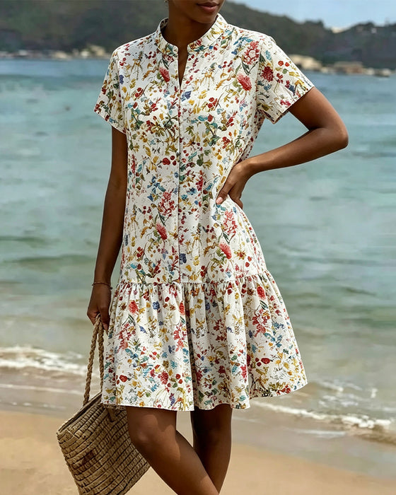 Robe Fleuri Manches Courtes Ourlet Volanté