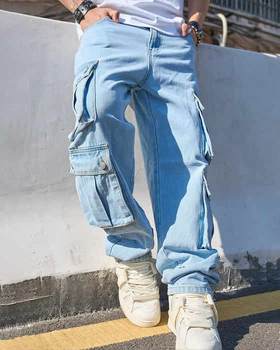 Jean Homme Décontracté Solide Rabat Poche Cargo Denim