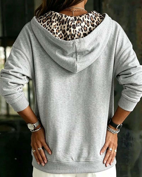 Manteau Capuche Imprimé Léopard Poche Fermeture Éclair