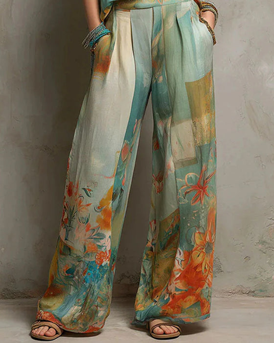 Ensemble Col V Chemisier Fleuri + Pantalon Jambe Droite