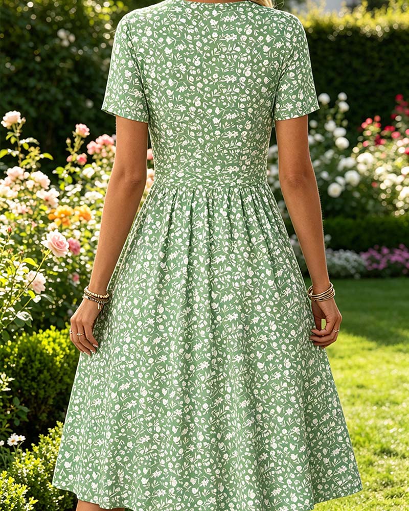 Robe Col En V Manches Courtes Petit Fleuri