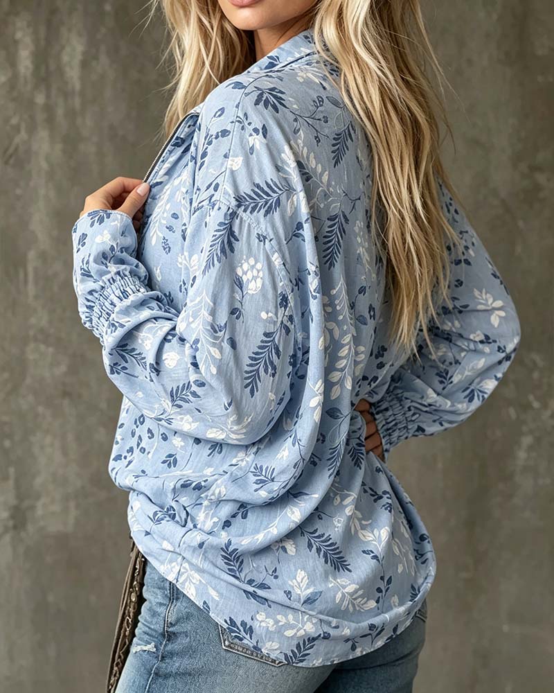 Blouse Revers Fermeture Éclair Volant Feuille