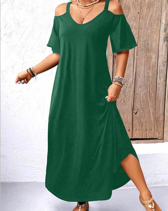 Robe Unie Col En V Épaules Dégagées Longue