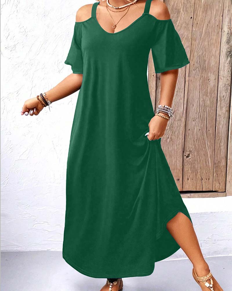 Robe Unie Col En V Épaules Dégagées Longue