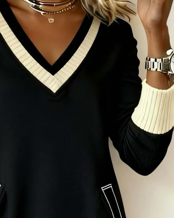 Robe Manches Longues Col En V Contrasté Tricot