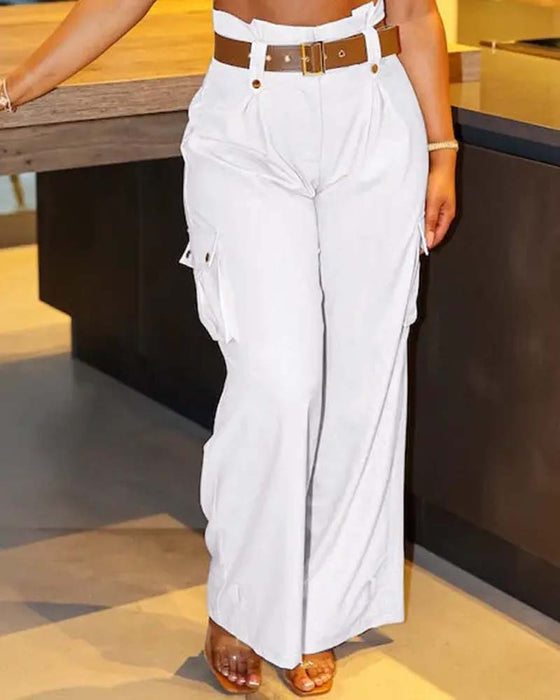 Pantalon cargo décontracté avec poche de couleur unie