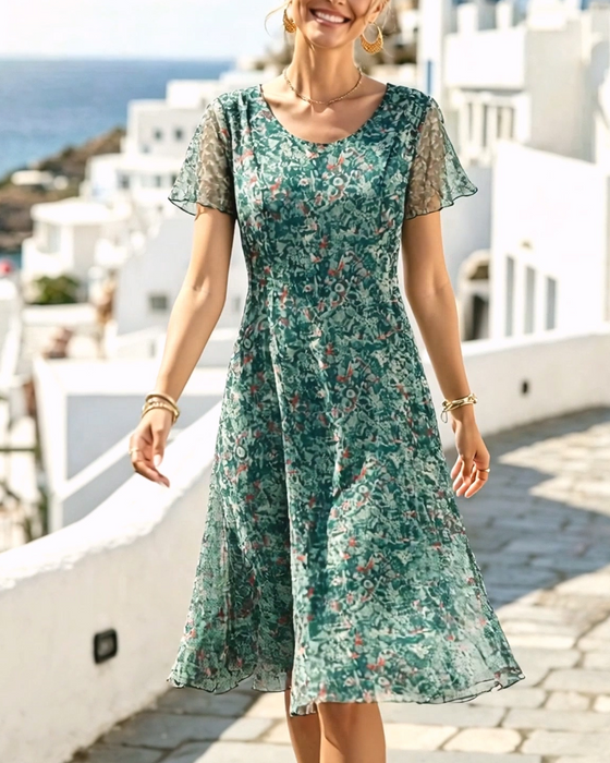 Robe Floral Manche Courte A-Ligne