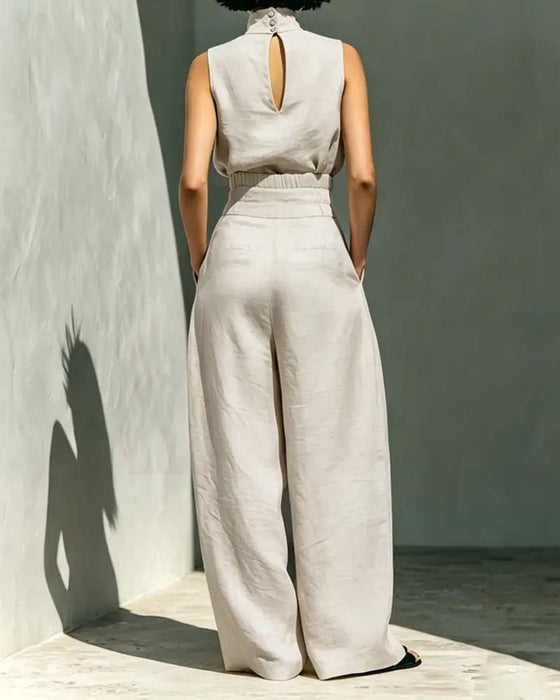 Combinaison Col Haut Sans Manches Large Jambe Taille
