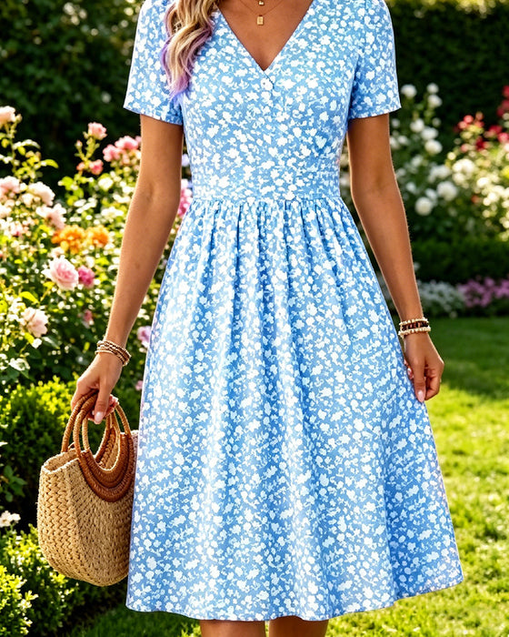 Robe Col En V Manches Courtes Petit Fleuri