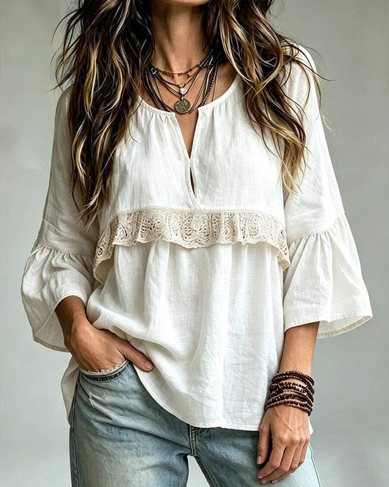Blouse Décontractée Col-V Dentelle