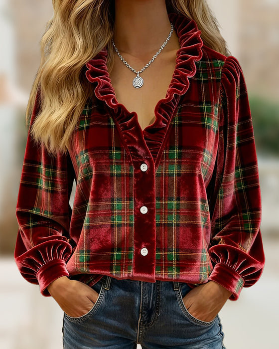 Top Avec Détails En Volants, Design à Col V Et Tissu En Velours