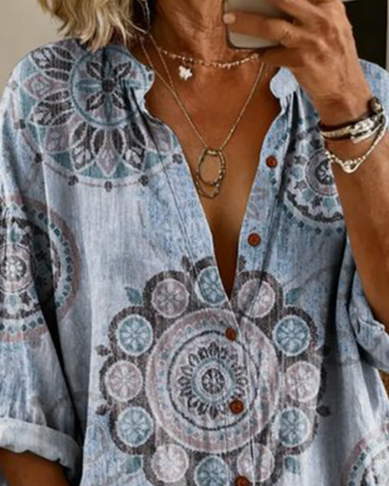 Chemise Motif Mandala Épaule Descendue Manche