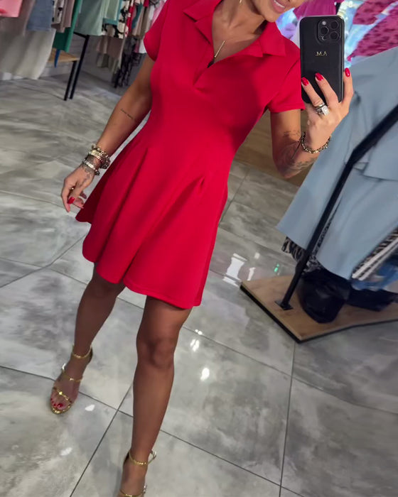 Robe Revers Manches Courtes Plissée Coupe A-Ligne