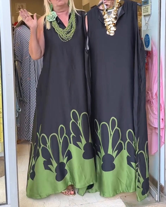 Robe Revers Sans-Manches Bloc-Couleur Jupe-Pleine