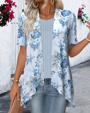 Blouse Imprimée Asymétrique Manches Courtes