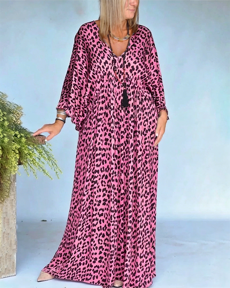 Robe Col En V Imprimé Léopard Coupe Loose Décontractée