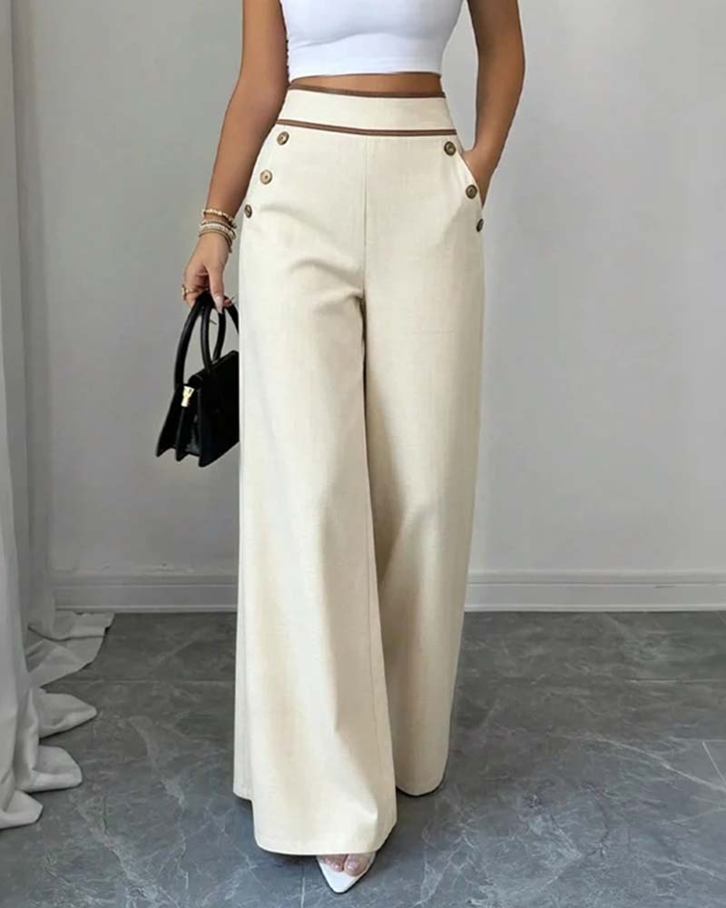 Pantalon Bouton Ligne Coupe Large Long