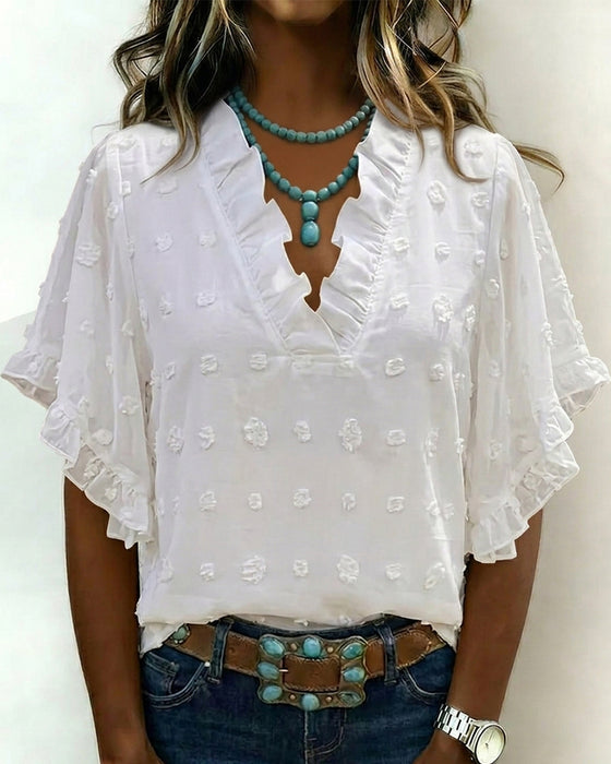 Blouse Jacquard Col En V Volant