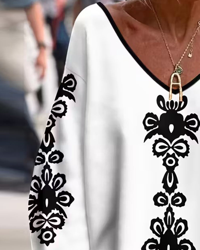 Farbig kontrastierter V-Ausschnitt Gemustertes Langarmtop