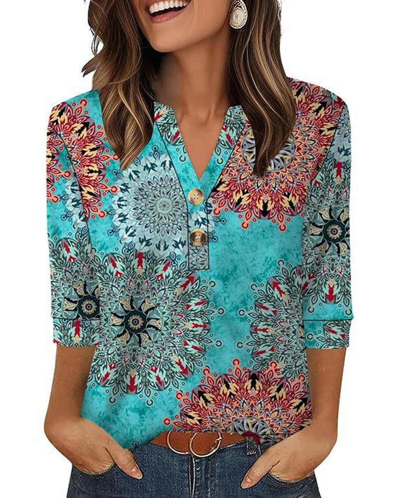 Blouse Col En V Boutonnée Manches Trois-Quarts