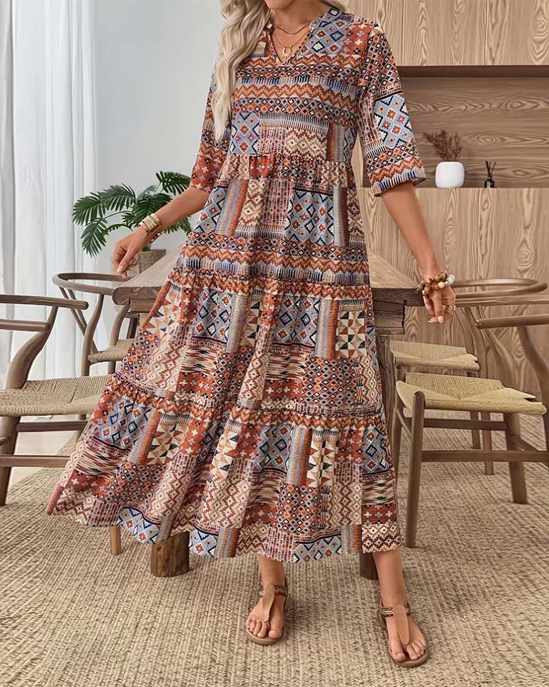 Robe Ethnique Imprimé Géométrique Longue