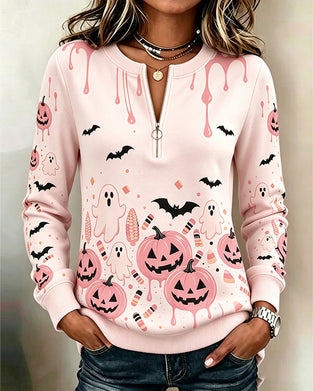 Sweat Capuche Fermeture Éclair Manche Longue Halloween Citrouille