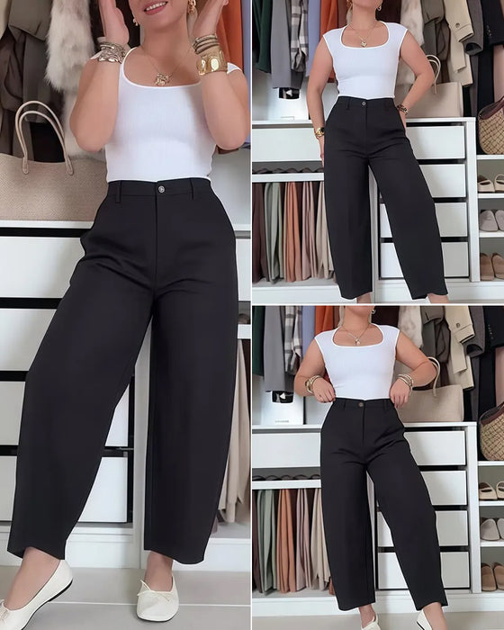 Pantalon Bouton Poche Jambe-Large Cropped