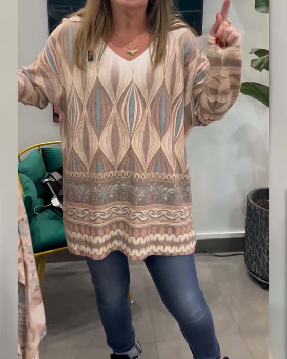 Haut Imprimé Losange Géométrique Manches Longues Col V