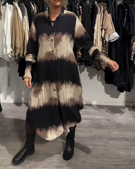Robe Chemise Manches Lanternes Boutonnée Peinture À L'encre