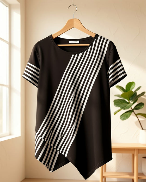 T-Shirt Rayure Diagonale Patchwork Col Rond