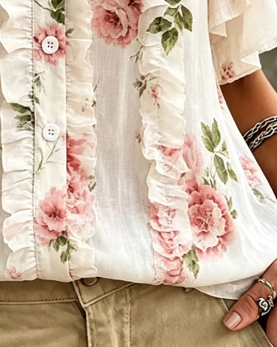 Chemisier Floral Volant Double Ourlet