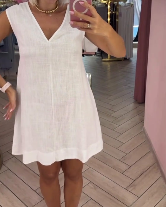 Robe Unie Sans Manches Col V Court