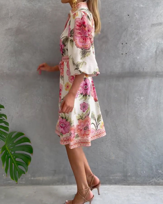 Robe Manche Lanterne Col Cranté Imprimé