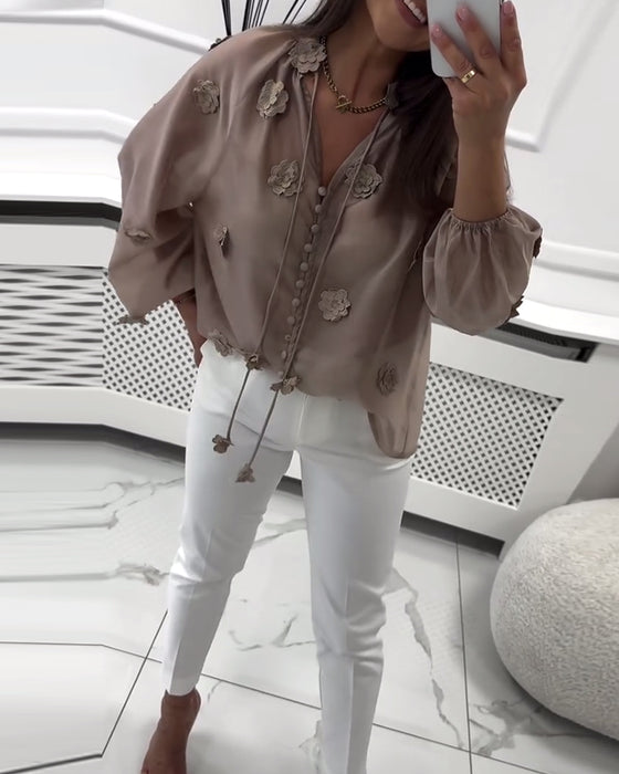 Blouse Unie Fleurs 3D À Lacets