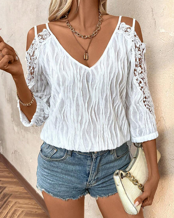 Blouse Dentelle Hors Épaule Froncée Texturée