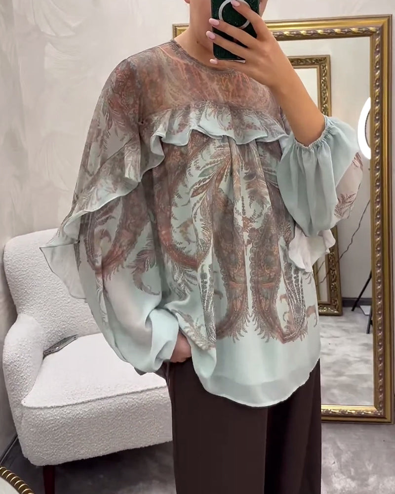 Blouse élégante imprimée à col rond à volants